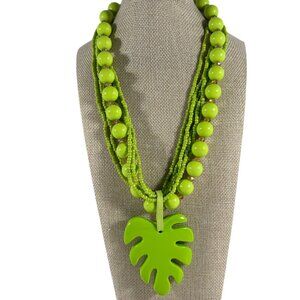 Lime Green Beaded Necklace Monstera Leaf Pendant Multi Strand Beach Core Resort